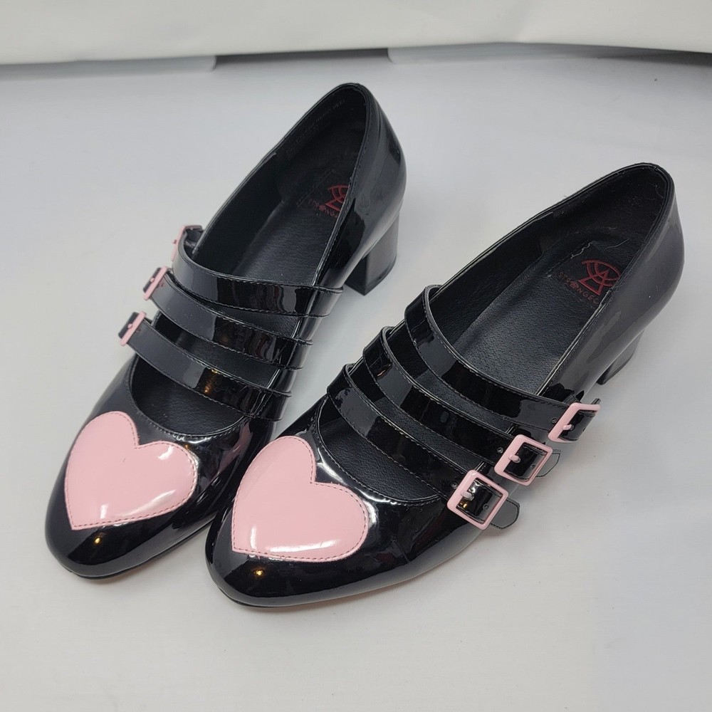 Strange Cvlt Eloise Pantent Heart Block Heels Coven Witch Shoes 10 Black & Pink